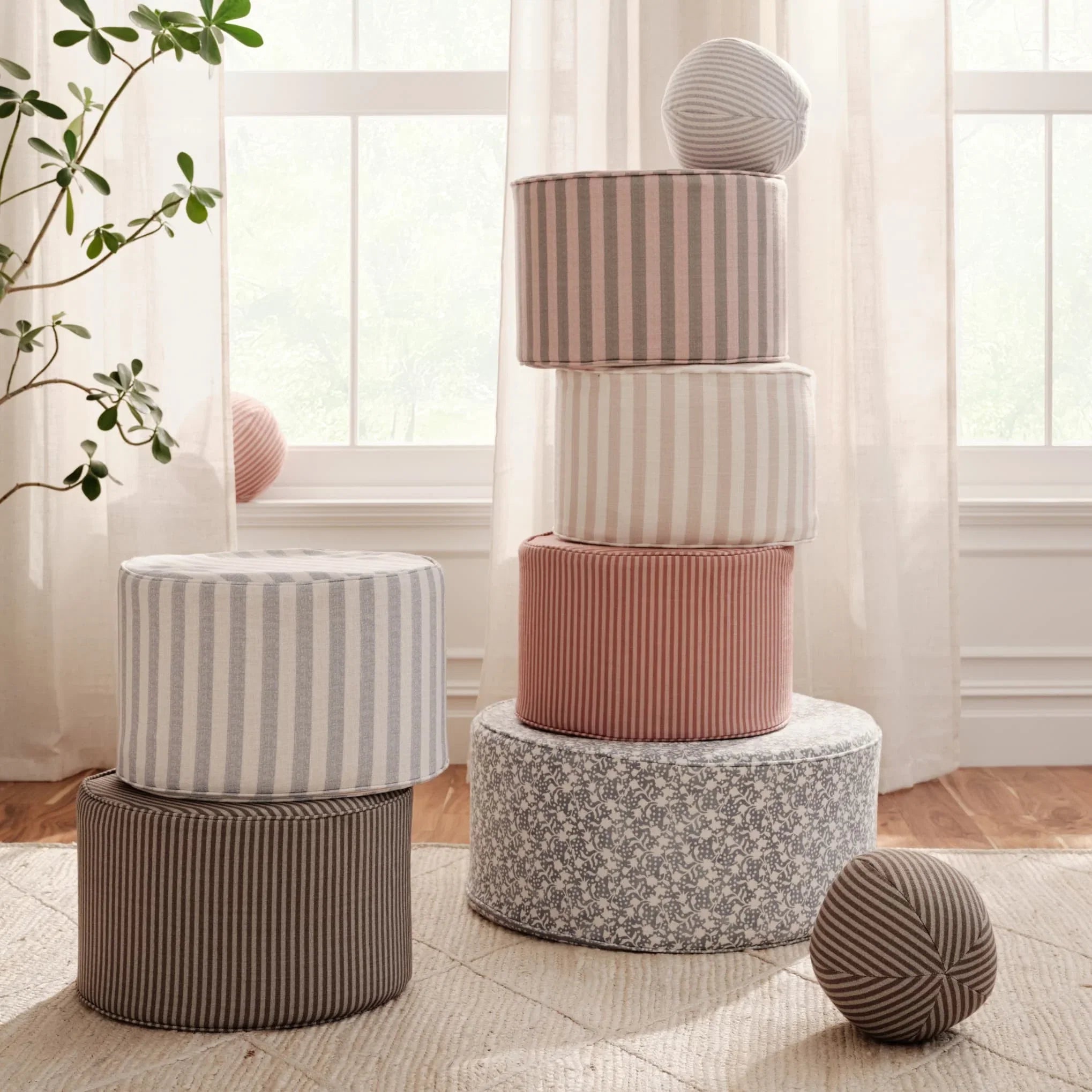 Totem the Label Ottoman collection banner — striped stackable ottoman